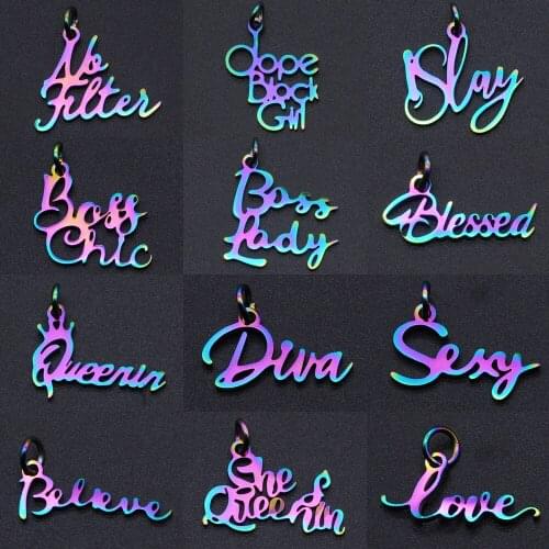 5pcs/lot Rainbow Word Script Charm Wholesale 100% Stainless Steel Slay Diva Black Dope Girl Charms Blessed Queen Jewelry Pendant