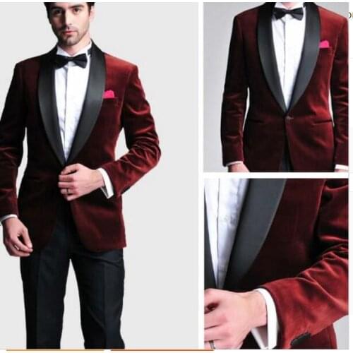 Burgundy Velvet Blazer Black Custom Made Man Suit Slim Fit Satin Lapel Groom Tuxedos Mens Wedding Prom Party Suits (Jacket+Pants