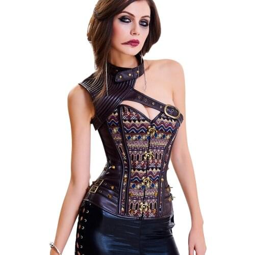 Steampunk Bustier Sexy Vintage Corset Top Overbust Leather Corselet Steel Bone Waist Trainer Slimming Sheath Belly Women Lace Up