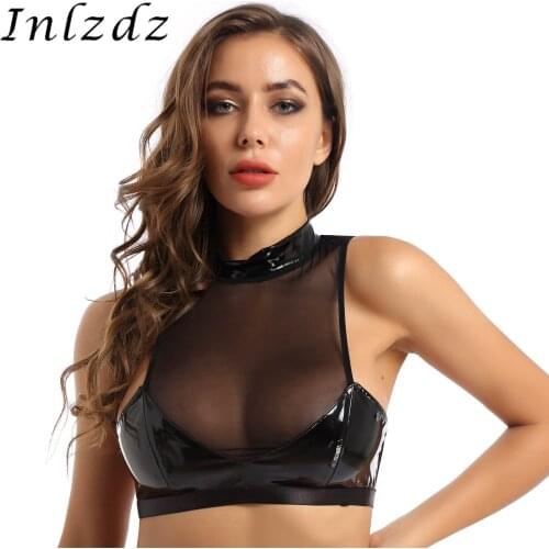 Womens Lingerie Bra Top for Sex High Neck Sheer Mesh and Patent Leather Patchwork Back Zip Up Unlined Wireless Erotic Bra Top