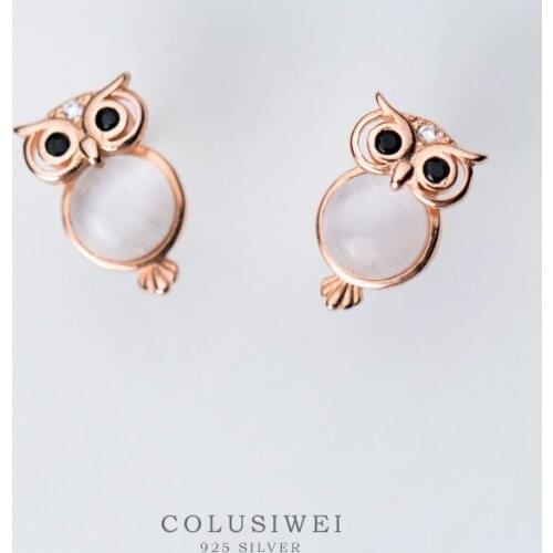 Colusiwei 925 Sterling Silver Cute Black Eyes Owl Birds Stud Earrings for Women Natural Opals Fine Jewelry Earrings for Kids