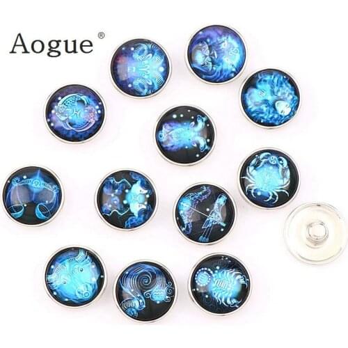 Factory 12pcs High Quality 18mm 12 Constellations Glass Metal Snaps buttons DIY Snap Charms Jewelry Bracelet&Bangle