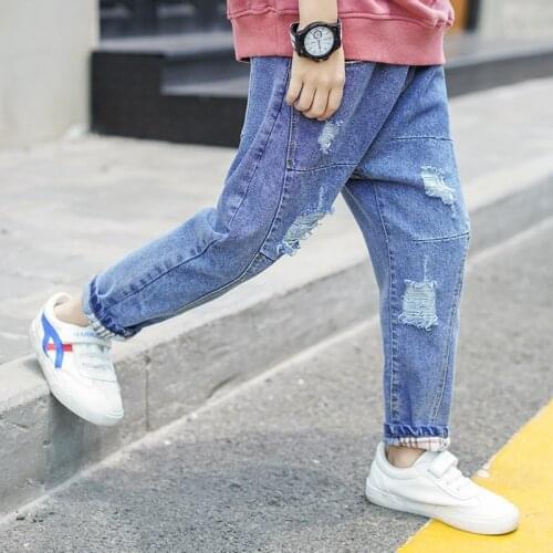 Jeans Classic Kids Boy Jeans Blue Ripped Jeans For Boys Broken Hole Casual Denim Pants Washed Jeans teenage clothes for Boys Son