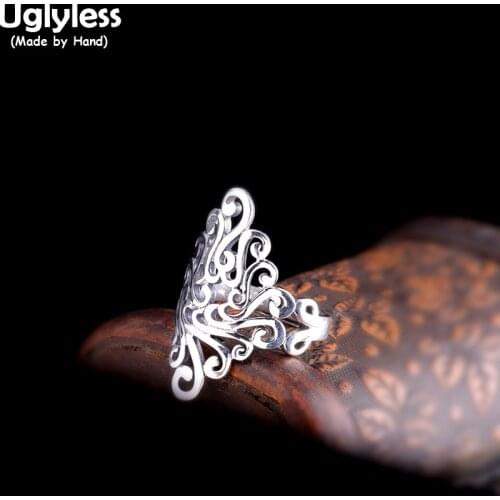 Uglyless Irregular Vines Wide Square Rings for Women Ethnic Vintage Dress Jewelry Real 925 Sterling Silver Rhombic Hollow Rings