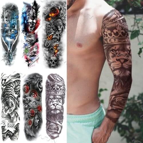 Lion King Full Arm Temporary Tattoos For Men Boys Adult Realistic Fake Tiger Tattoo Sleeve Long Evil Eye Flower Tatoo Decoration
