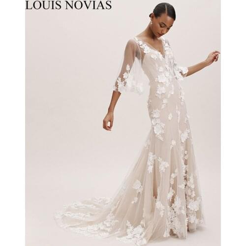 LOUIS NOVIAS Sexy V-neck Backless Wedding Dress 2019 3D Flowers Appliques Bride Dress Court Train Wedding Gowns Vestido De Novia