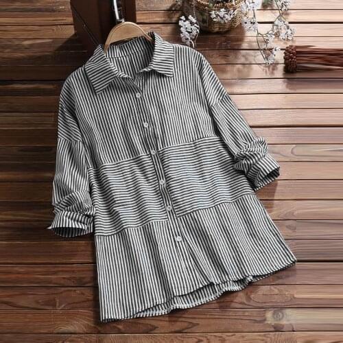 New Womens Shirts Autumn Long-sleeved Striped Printing Shirt Tops Casual Plus Size Button Turn-down Collar Shirts Cardigan Top