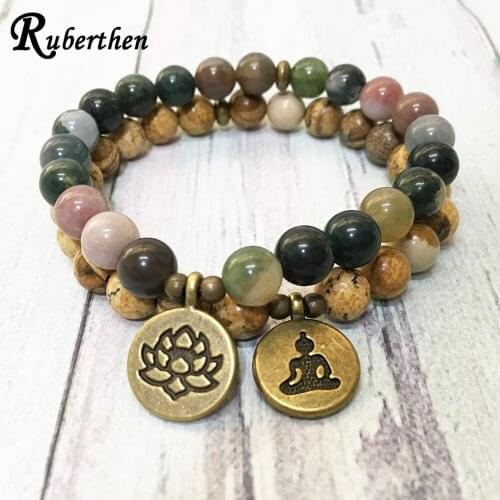 Ruberthen 2019 New Design Yoga Bracelet Natural Indian Stone Picture J asper Bracelet High Quality Lotus Yoga Balance Bracelet