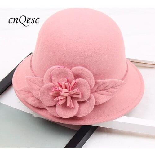 New design PINK Wool felt hat Winter hat formal hat with bow for Wedding Church Derby