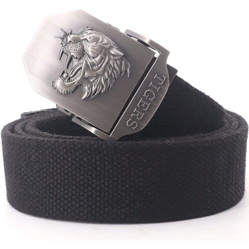New Canvas Outdoor Tactical Army Belt 3D tiger head Emblem Metal Buckle Unisex Jeans Belt for Men Military Belt Male sport Strap