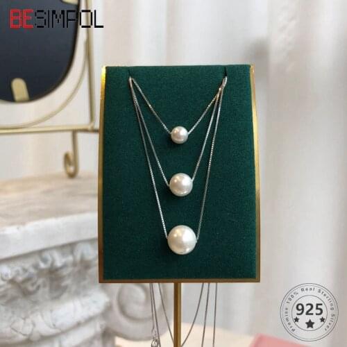 Besimpol Real 925 Sterling Silver 6mm/8mm/10mm Pearl Necklace Elegant Simple Daily Necklace For Women Wedding Fine Jewelry Gifts