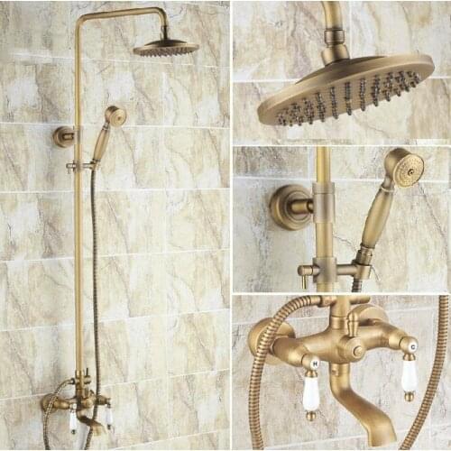 Luxury Bathroom Rain Shower Faucet Set Antique Brass Handheld Shower Head Two Ceramics Lever Bathtub Mixer Tap ars003