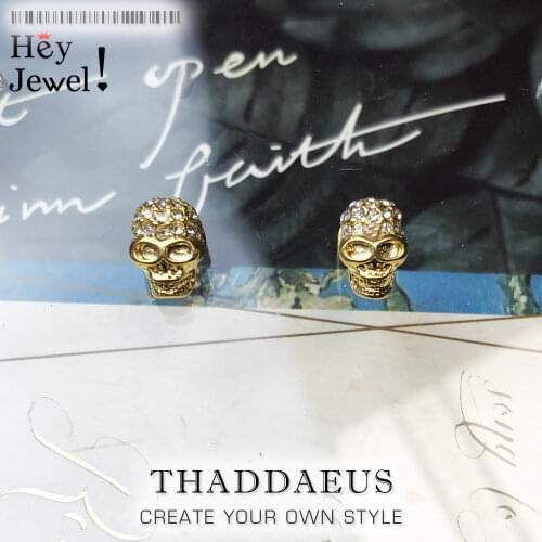 Golden Skull Pave Stud Earrings,Europe Rebel Street Punk Fashion Good Jewerly For Women Men,2019 Gift In 925 Sterling Silver