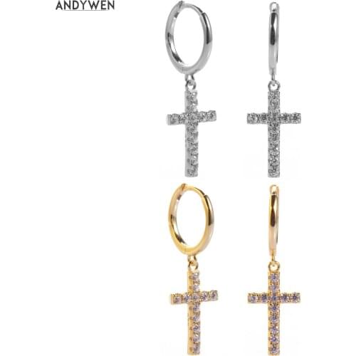 ANDYWEN 925 Sterling Silver 12mm Cross Drop Earring Women Ring Round Loops Pendientes Jewelry Circle Rock Punk Crystal Jewelry