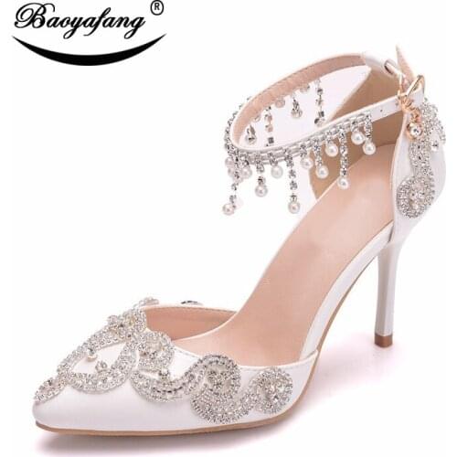 Pointed toe Ankle strap Womens wedding shoes Buckle shoes woman crystal party dress shoes tassel fashion Pointed Toe Pumps