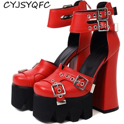 CYJSYQFC Sexy Women Punk Belt Buckle Shoes High Block Heels Ankle Strap Platform Sandals For Spring Autumn Thick Bottom Comfort