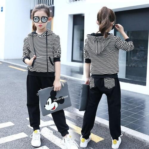 Spring Baby Girls Clothes Kids Sport Set Striped Costume Hooded+Black Pant 2pcs Childrens Tracksuit For Teenager Girl 5-14 Year