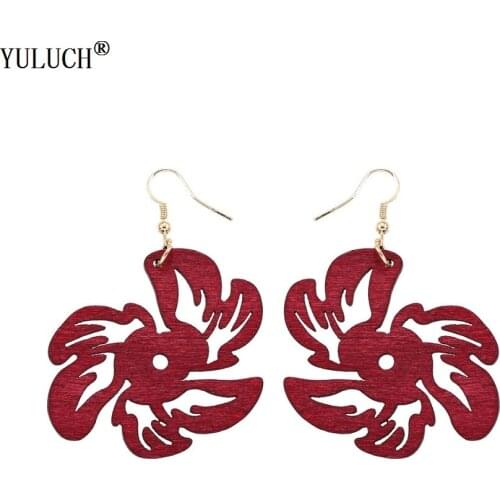 YULUCH 1 Pair Retail Natural Africa Wooden Earrings Plants Hollow Flower Gold Hook Wood Dangle Earrings For Girls Woman Gift