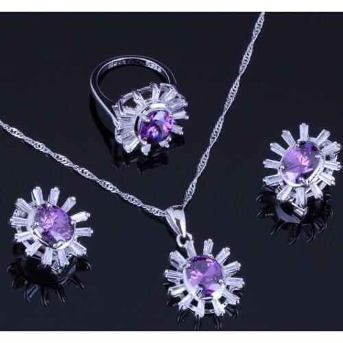 EXcellent Purple Cubic Zirconia White CZ Silver Plated Jewelry Sets Earrings Pendant Chain Ring V0247
