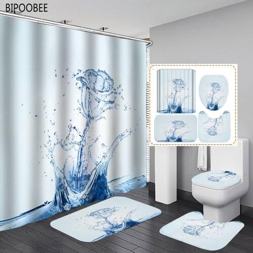 Water Rose Pattern Bathroom Curtain Set Beautiful Flowers Shower Curtains Toilet Lid Cover Mats Rug Washroom Non-slip Carpets