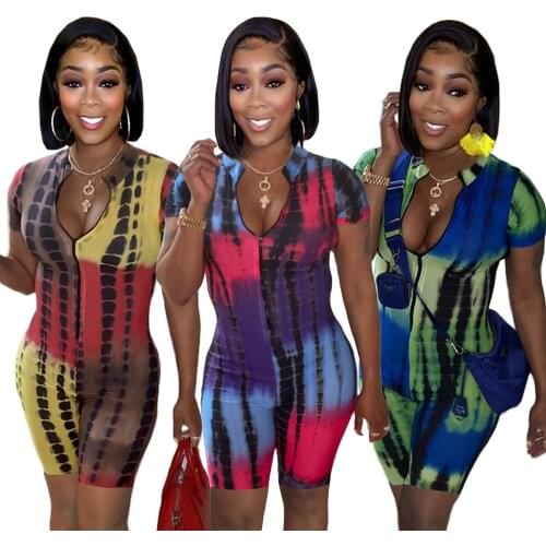 Chiclover Women Clothing Short Sleeve Zip Up Romper Shorts Tie Dye Print Bodysuits Turtleneck Jumpsuits Wholesale Dropshipping