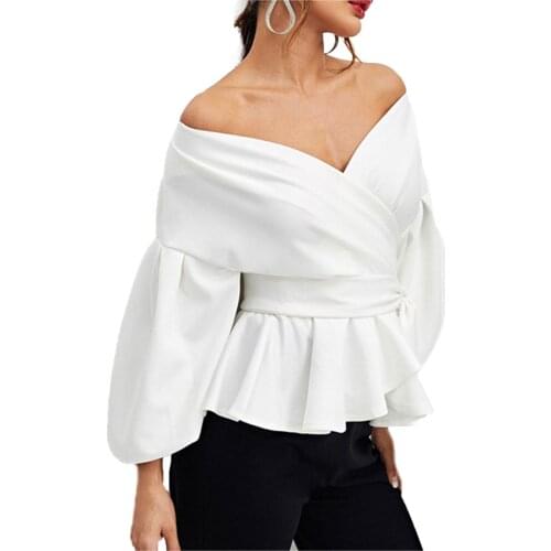 Women Casual Solid Color Shirt, V-Neck Long Sleeve Wrinkle Top, Off-shoulder Tunic Lace-up Clothing