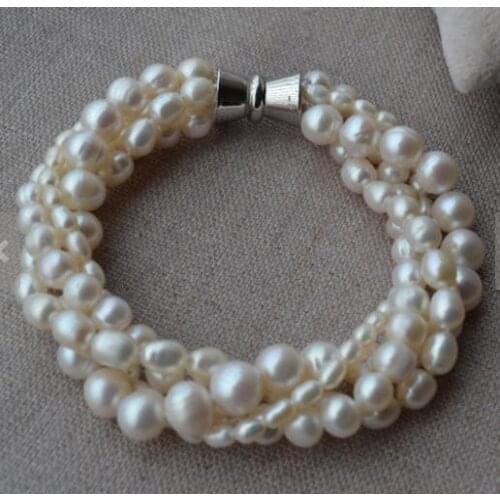New Favorite Pearl Bracelet Wedding Birthday Women Fine Jewelry 100% Real White Freshwater Pearl 4rows Handmade Bangle