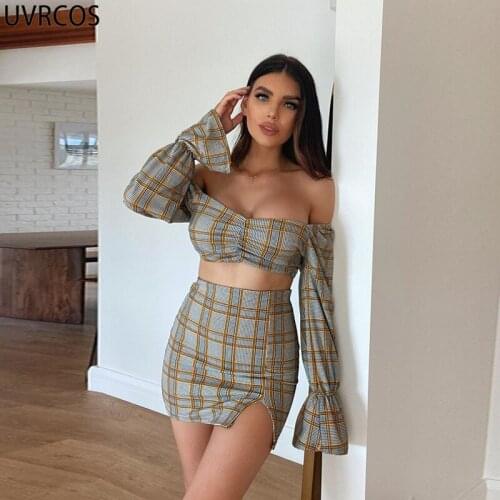 UVRCOS Womens Tracksuit New Fashion Back Zipper Crop Top Mini Plaid Dress High Quality Wholesale Ladys Clothing Two Piece Set