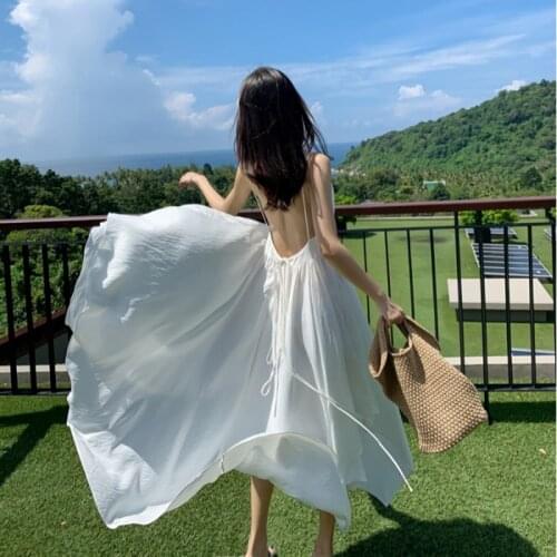 Womens White Sexy Backless Sling Dress 2021 Summer Fashion Irregular V Neck Solid Color Elegant Beach Dresses Vestido De Mujer