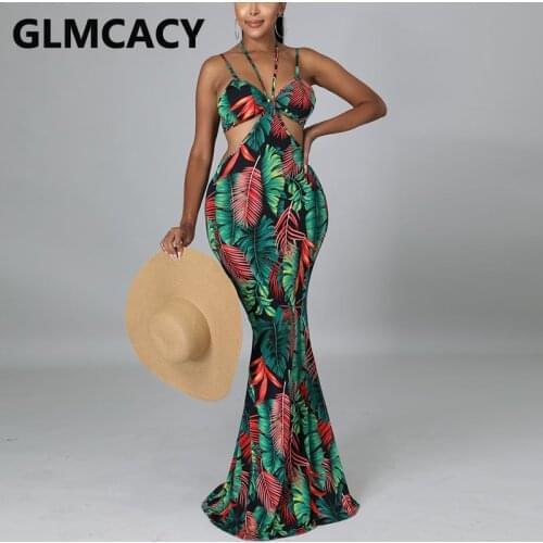 Women Sapghetti Strap Printed Sleeveless Backless Mermaid Maxi Dress