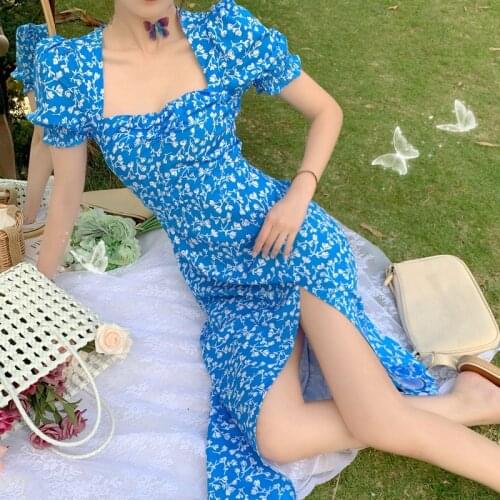 2021 Summer New Women Sexy Fashion Floral Short Sleeve Split Fairy Dress Korean Temperament Print One Piece Female Dress Vestido