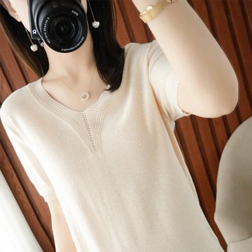 100% cotton T-shirt V-neck short-sleeved womens knitted pullover blouse Thin section solid color ATTYYWS summer new product 21