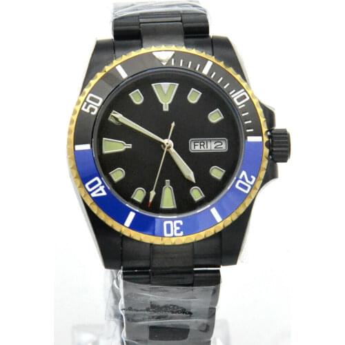 40mm Blue Dial NH36 Automatic Watch Steel Case Sapphire Glass Ceramic Bezel Transparent Back Cover Mechanical