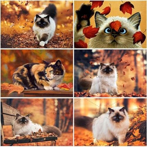 DIY 5D Cute Cat Diamond Painting Full Square/Round Diamond Mosaic Embroidery Autumn Fallen leaves Cross Stitch Home Decor