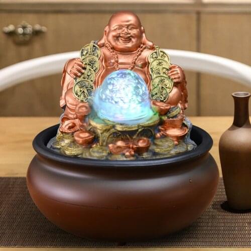 Buddha Indoor Water Fountain Ornaments Office Tabletop Rockery Lotus Feng Shui LED Light Ball Waterscape Craft Home Decoration