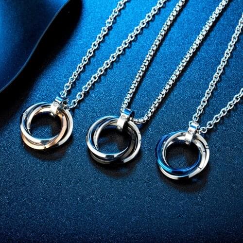 Fashion Tricyclic Circle Pendant Mens Necklaces Stainless Steel Blue Rose Gold Silver Color Long O Chain 24Inch Male Jewelry