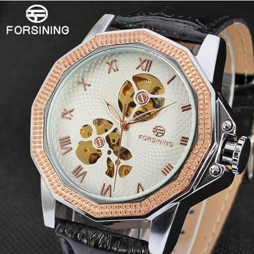 FORSINING Men Watches Self wind Automatic Leather Strap Watches Luxury Multifaceted dial Mechanical Waterproof Clocks Hollow Out