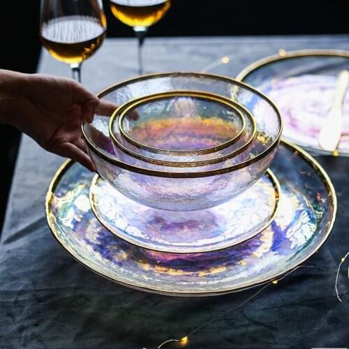 Colorful Painted Gold Glass Bowl Dish Seven Color Transparent Hammer Grain Dessert Steak Plate Salad Fruit Bowl Dinnerware