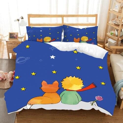 Cartoon Kids Bedding Set Little Prince Fox Star Sky Comforter Cover Sets Skin-friendly Duvet Set Fairy Tale Quilt Cover Blue