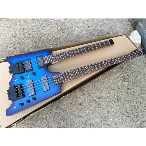 Double headless electric guitar, blue tiger veneer, 4-string bass +6-string guitar portable headless electric guitar