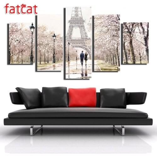 FATCAT 5 Panels Tower Romantic Paris Love Story Diy Diamond Painting Full Square Round Drill Diamond Embroidery Sale AE1068