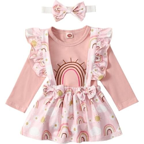 Newborn Baby Girls Rainbow Print Clothes Set Girl Long Sleeve O-neck T-shirt+Suspender Skirt+Bow-knot Headband Outfits