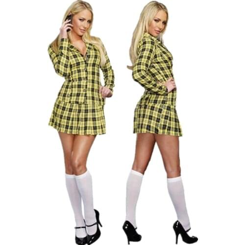 Halloween Cosplay Costume Outfits for Adult Women Girl Schoolgirl Yellow Plaid Suit Shirt Skirt Carnival Fancy Party Dress