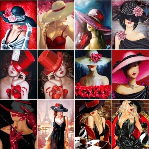 HUACAN Coloring By Numbers Woman In Hat Acrylic Modern Wall Art Paint By Number Frame Figure Kits Home Decoration