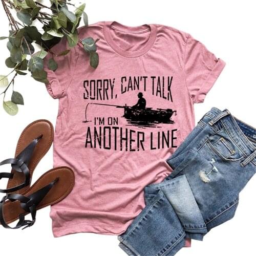 SORRY CAN'T TALK I'M ON ANOTHER LINE Print Woman Tshirts Cute Cowboy Fishing On The River By Boat Graphic Oversized Harajuku Top