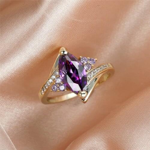 Vintage Female Purple Crystal Stone Jewelry Charm Gold Color Thin Wedding Rings For Women Luxury Leaf Zircon Engagement Ring