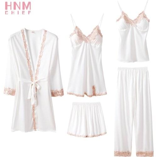 HNMCHIEF White Bathrobe Sets Women 5 Pcs Sexy Lace Pyjamas Women Satin Silk Sleepwear Elegant Pijama with Chest Pads Homewear