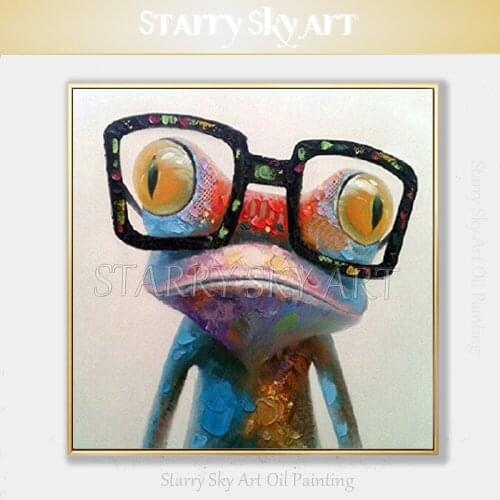 Best Selling Artist Hand-painted High Quality Funny Animal Frog Oil Painting on Canvas Fine Art Frog with Glasses Oil Painting