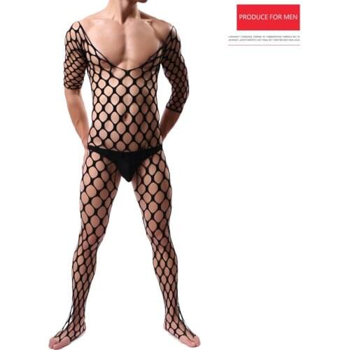 Mens Hot Hollow Breathable Almost Naked Body suit Gay Tights sissy Pantyhose Underwear