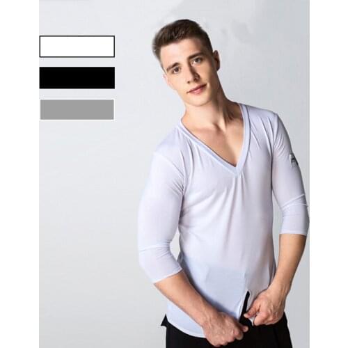 2019 MenS Latin Dance Tops Practice Clothes Crystal Cotton V-Neck Hem Front New Modern Dance Standard Ballroom Shirt BL2801